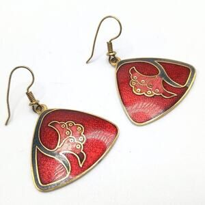 Vintage Roman Cloisonne Floral Enamel Earrings, Gold Plated, 1980s, 1 3/4 Inches